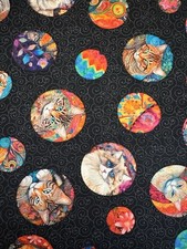 QUILT ROOM KITTIES CAT CIRCLES ON BLACK BY QT CATS KITTEN PET COTTON FABRIC HY