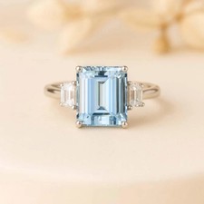 Emerald Cut Aquamarine Ring   Three Stone Engagement Ring, Blue Gemstone Promise