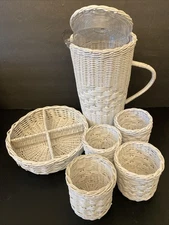 White Wicker Pitcher  12" Beverage Plastic Liner  4 Cup Holders And Round Tray
