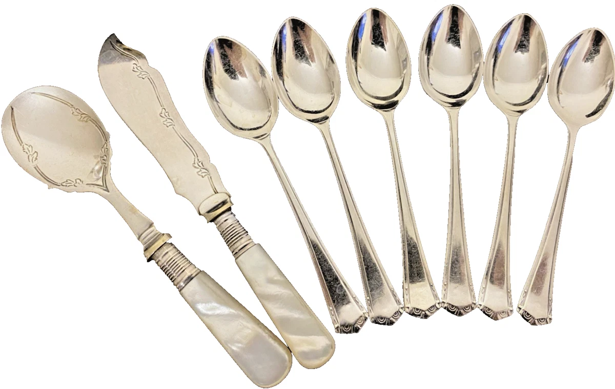 Boxed Art Deco 8 Piece Silver Plate Afternoon Tea Set, Spoons, Jam, Butter Knife