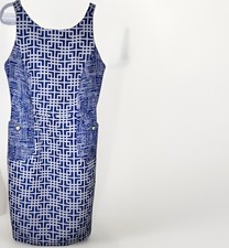 Julian Taylor Dress 6 Blue White Geometric Print Sheath Classy Pockets Gold Zip