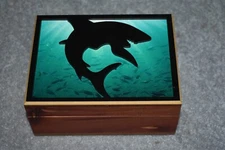 #4857 3D LASER CUT SHARK KEEPSAKE JEWELRY WOOD CEDAR PICTURE TOP BOX 4.5" X 6"