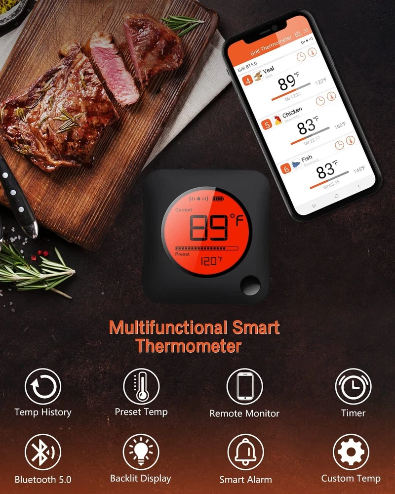 Digital Meat Thermometer Wireless - 6 Probes, Alarm Function, Kitchen Essential Digital Meat Thermometer Wireless - 6 Probes, Alarm Function, Kitchen Essential
