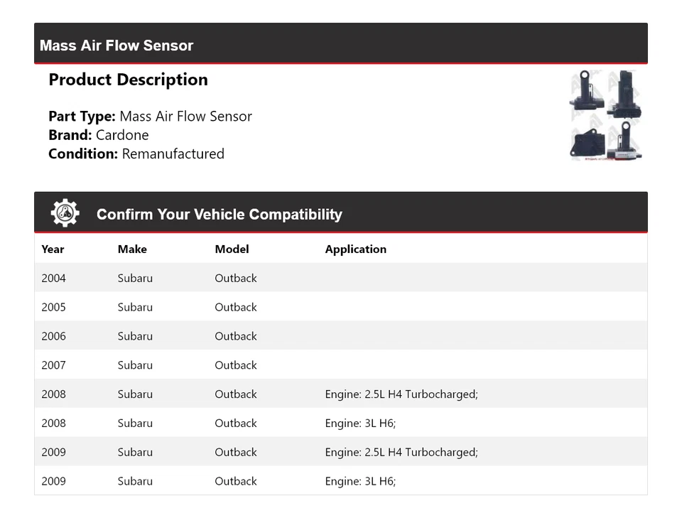 Sensor de flujo de aire másico Cardone 2005 2006 2007 2008 para Subaru Outback 2004-2009 Foto 2 de 4