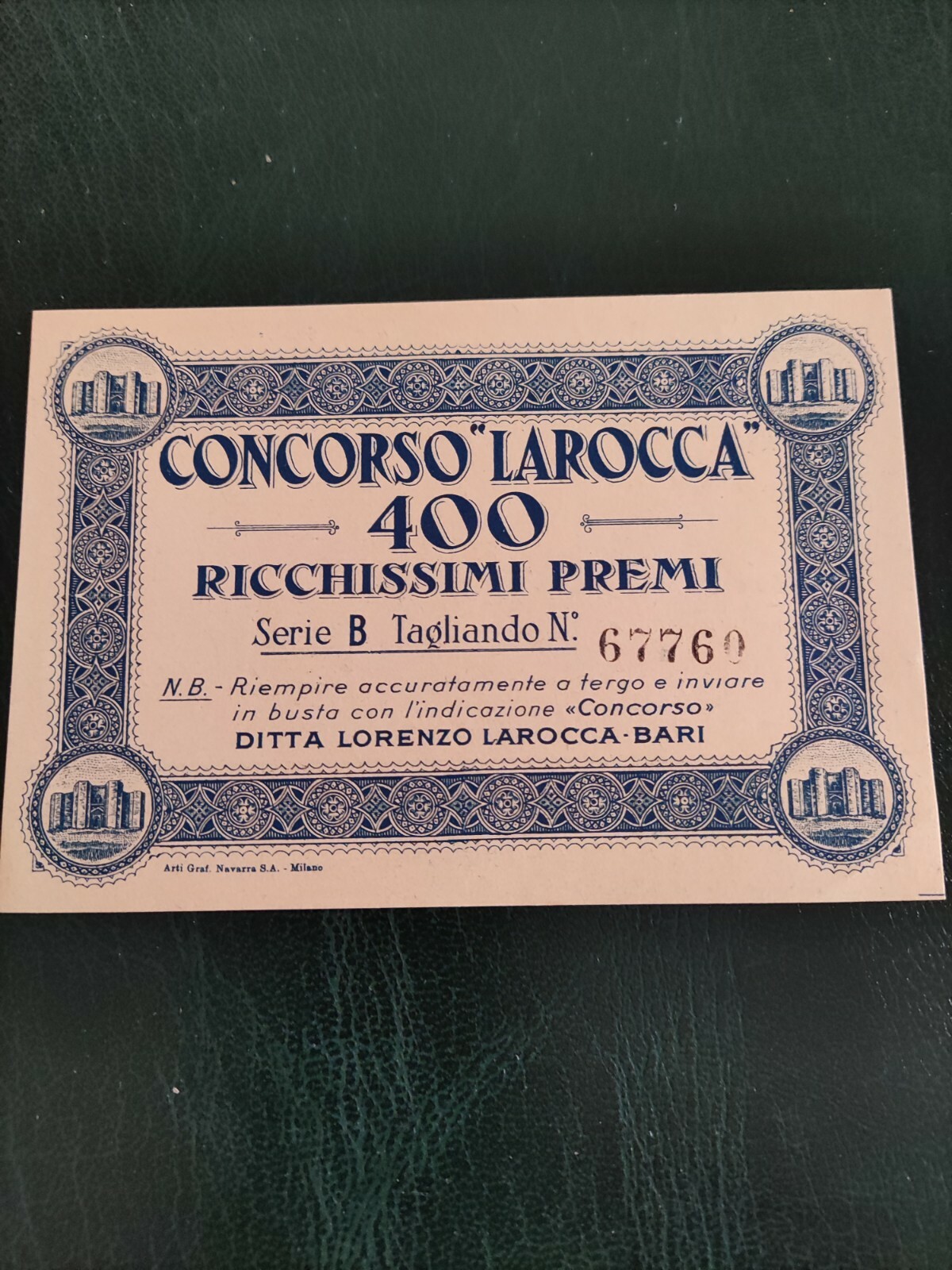 BARI biglietto antico concorso ditta Lorenzo Larocca anni '30-'40