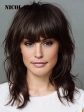 Shoulder Length Dark Brown Human Hair Blend Heat Ok Wig Natural Wavy With Bangs