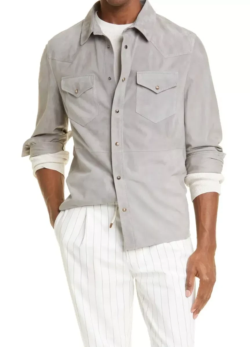 Mens Gray Suede Shirt Leather Trucker Jacket Custom Made Size S M L XL 2XL 3XL