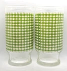 Set of  2 Vtg Glass Tumblers Lime Green Gingham Libbey Fire King Anchor Hocking