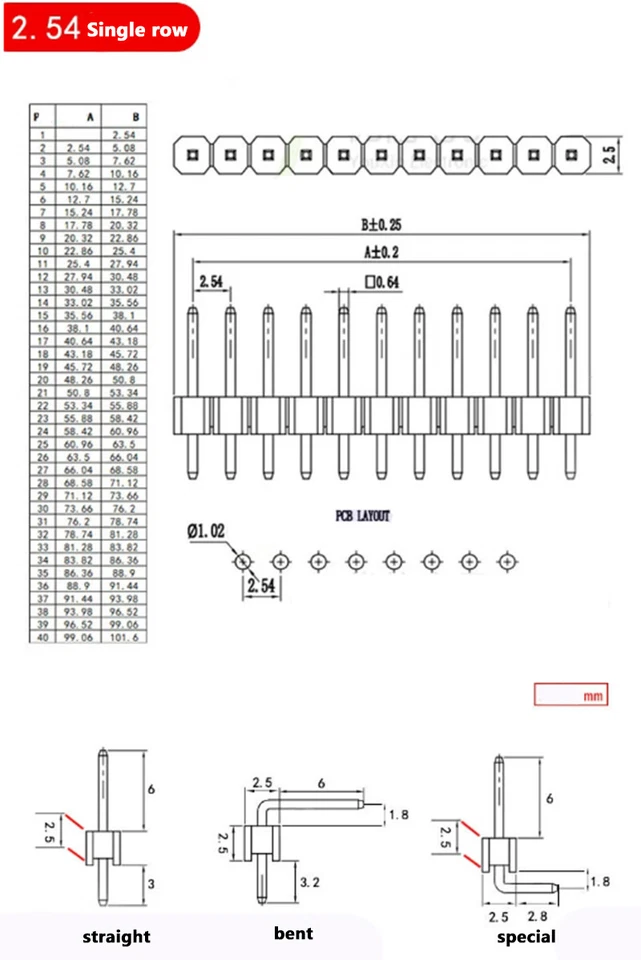 2.54MM Spacing Single/Double Row Black Pin  1*40P/2*40P Straight/Bent Long Row - Image 3 of 4