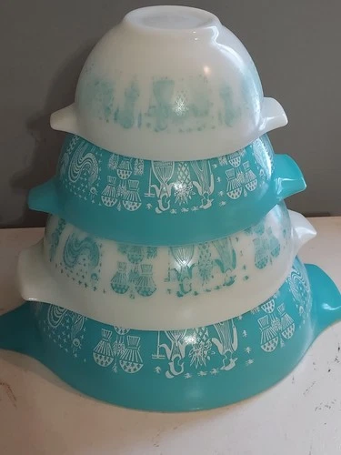 Vtg Pyrex Amish Butterprint Cinderella Mixing Bowls Complete Set Of 4 Turquoise