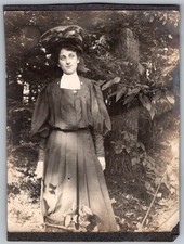 Vtg B&W Snapshot Beautiful Woman In Plaid Gingham Dress Large Hat Woods Circa