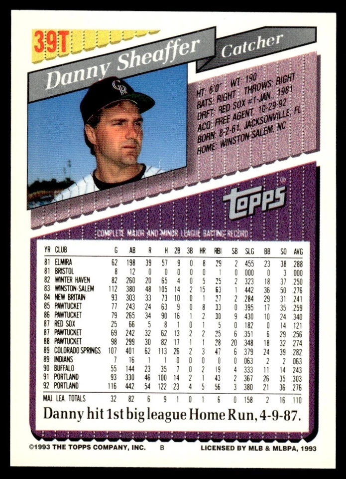 1993 Topps Traded Danny Sheaffer Rookie Colorado Rockies #39T - Image 2 of 2
