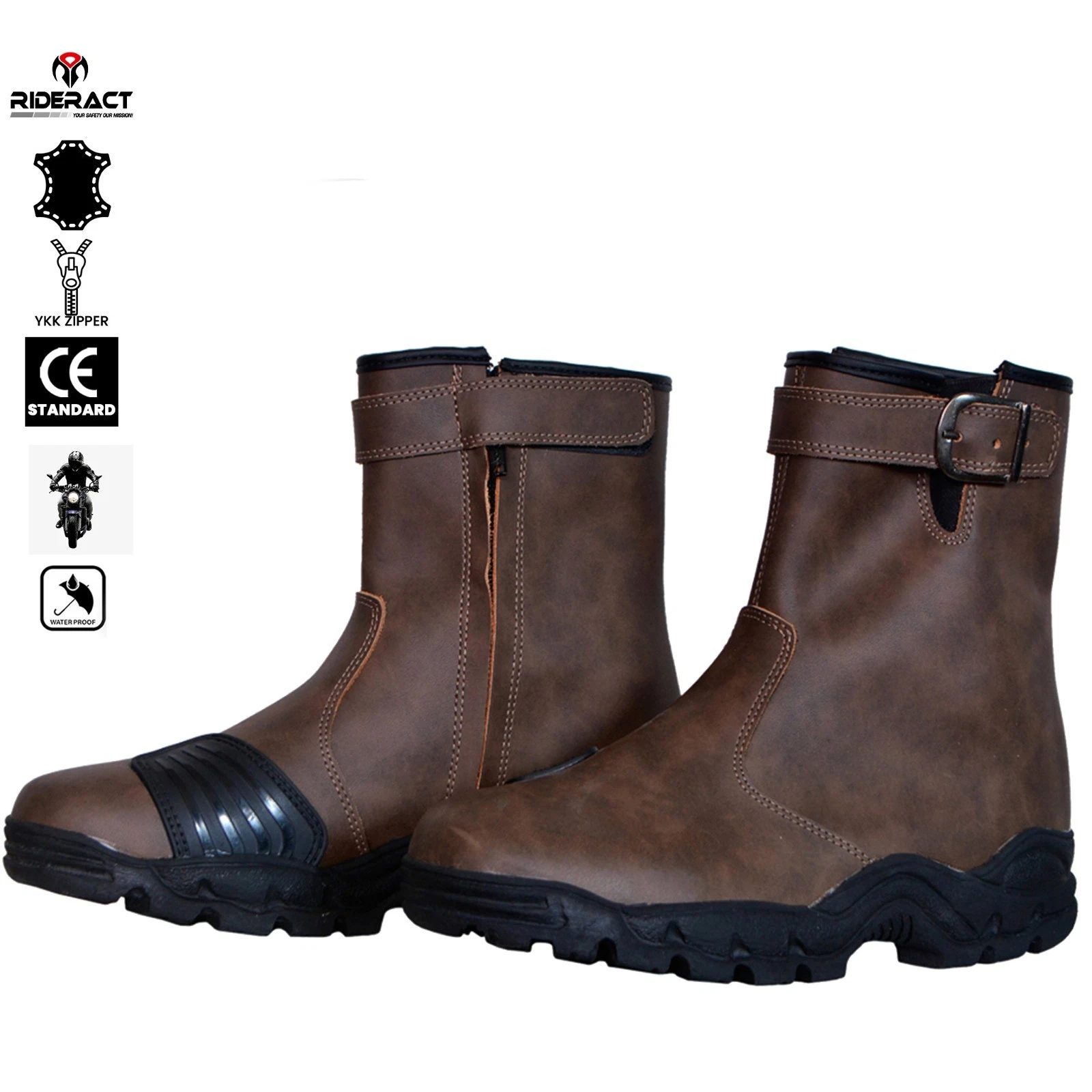 RIDERACT Mens Digger Motorcycle Riding Boots Waterproof Leather Motorbike Shoes