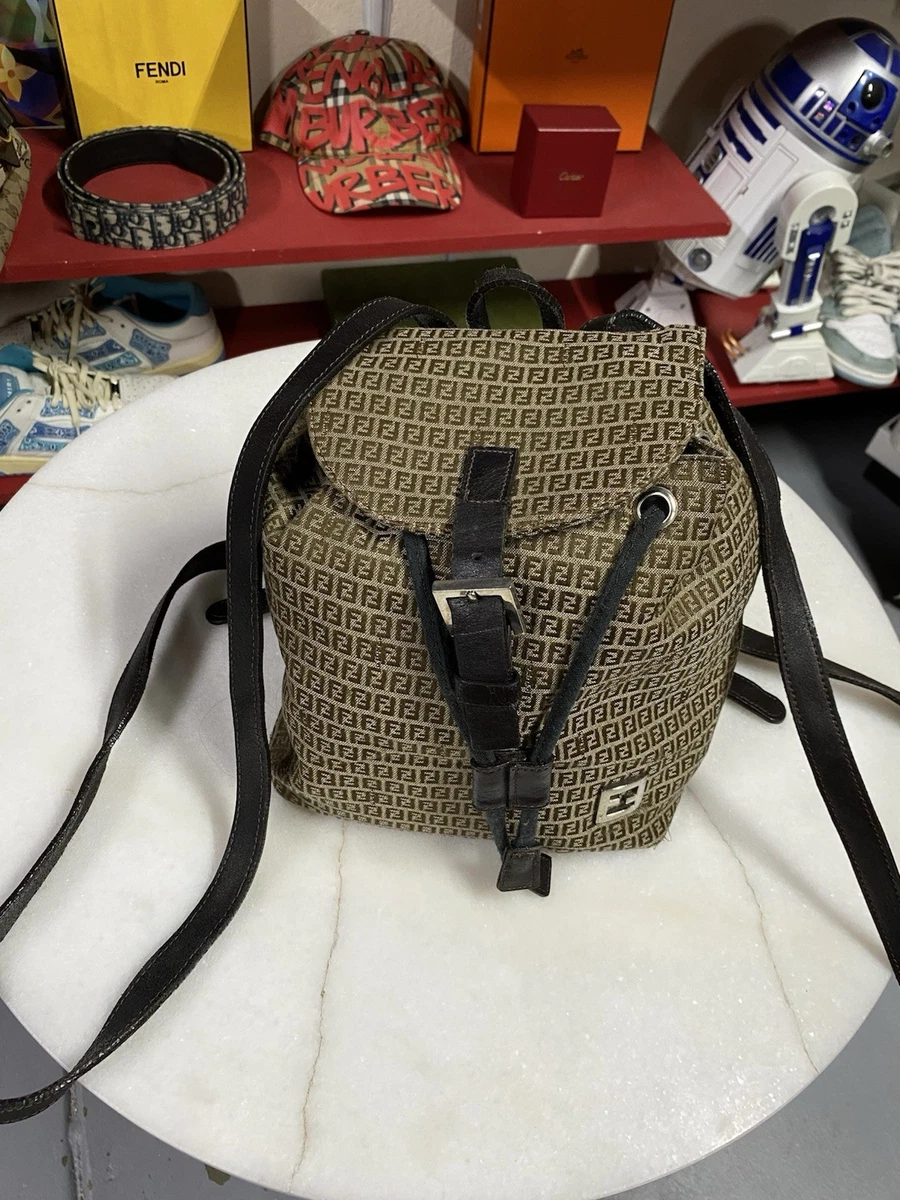 Fendi FF Vintage Canvas And Leather Backpack FENDI Vintage FF Logo Backpack Zip Black Green Suede Leather  main image 4