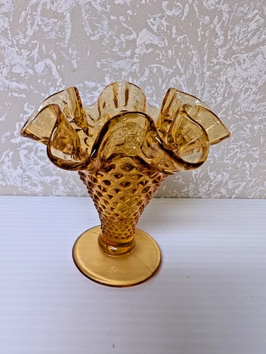 VINTAGE Fenton Small Amber Ruffled Edge Hobnail Glass Vase 4”