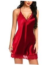 Women's Lingerie Satin Lace Chemise Deep V Halter Babydoll S-4XL  Large 1red