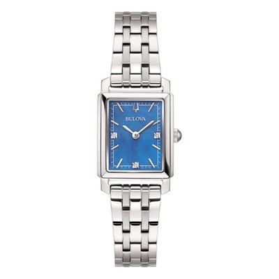 Bulova Sutton Tank 96P245 Damenuhr Stahl Diamanten Perlmutt Blau Neu