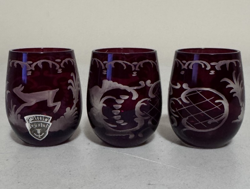 Set/3 Vtg Bohemian Glass Ruby Red Cut-to-Clear 2" Liqueur-Shot-Toothpick Glass