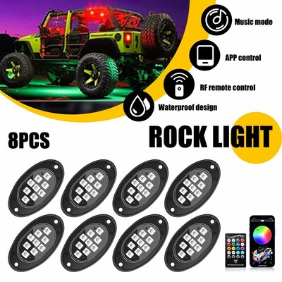 8X RGB LED Rock Lights Kit Offroad Truck Underbody Neon Music Bluetooth APP EAW