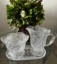 Vintage Pressed Clear Glass Fan Design Cream, Sugar & Resting Plate