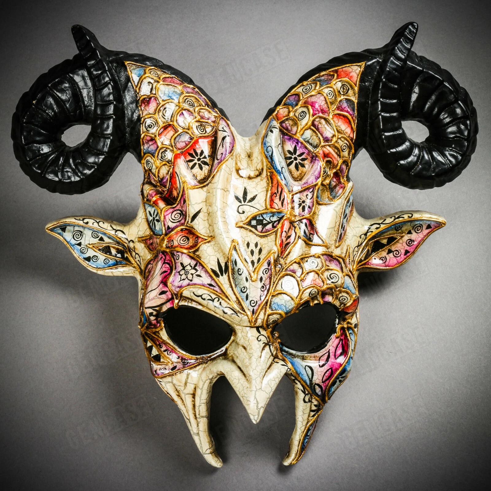 Venetian White Demon Mask w/ Black RAM Horns Venice Masquerade Ball Party Mask
