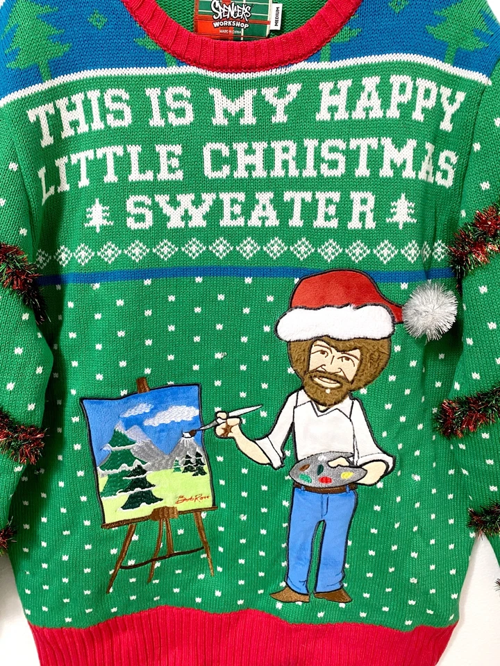SUÉTER VERDE BOB ROSS ESTE ES MI PEQUEÑO FELIZ NAVIDAD Iluminado Feo Talla M Foto 2 de 4