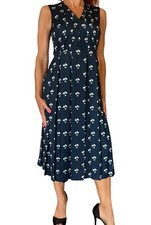 Victoria Beckham Womens Dress Navy Daisy Print Pleated Fit+Flare Sleeveless sz 2