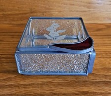 Jewelry Trinket Box Glass Mirrored Bottom Etched Floral Design 4.25x4.25x2 Hinge
