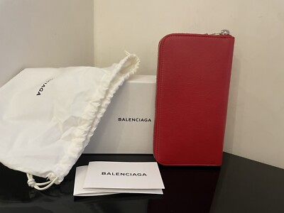 BALENCIAGA Authentic Red Leather Zippy Zip-Around Wallet Men Women