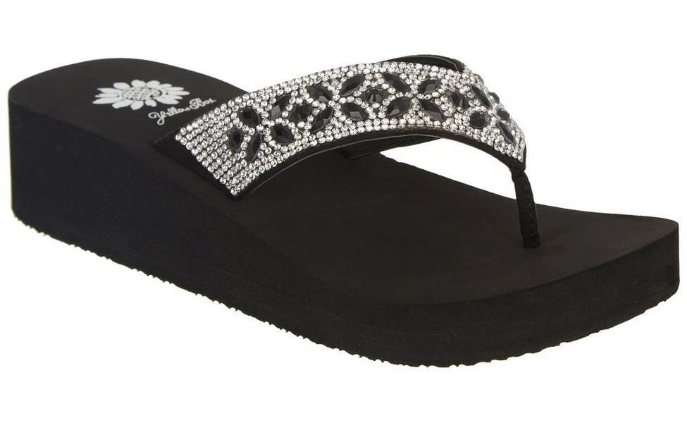 NEW WOMEN'S BLACK YELLOW BOX WEDGE FLIP FLOPS BLING SPARKLE RHINESTONES STAAR