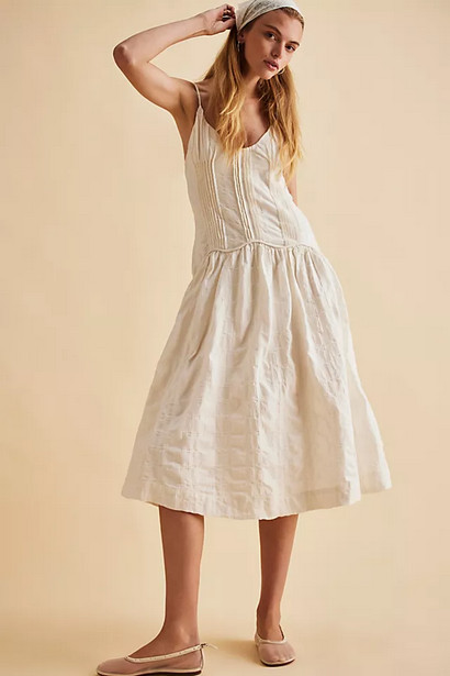 Free People Ezra Midi Dress Pleated Adjustable Shoulder Tie Back Ivory New XL 16