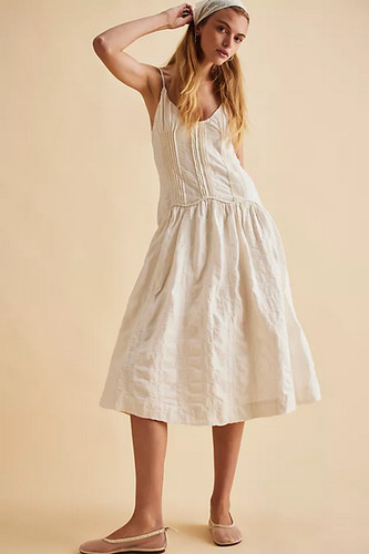 Free People Ezra Midi Dress Pleated Adjustable Shoulder Tie Back Ivory New XL 16