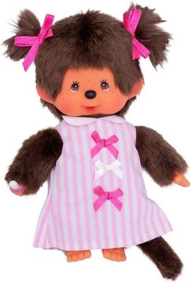 Monchhichi 223589 Girl Plush Doll 7'' with Pink Ribbon Dress - New/Sealed