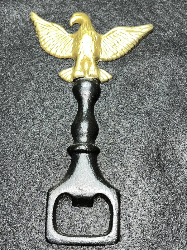 Rare Vintage Cast Iron Black & Gold Flying American Eagle Bottle Opener