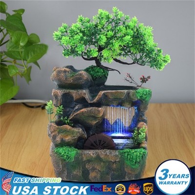 Water Fountain Tabletop Indoor Small Rock Waterfall Zen Decor with LED Light New