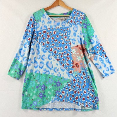 LOGO Lori Goldstein Patchwork Tunic Top Womens Large Blue Green Floral Eclectic