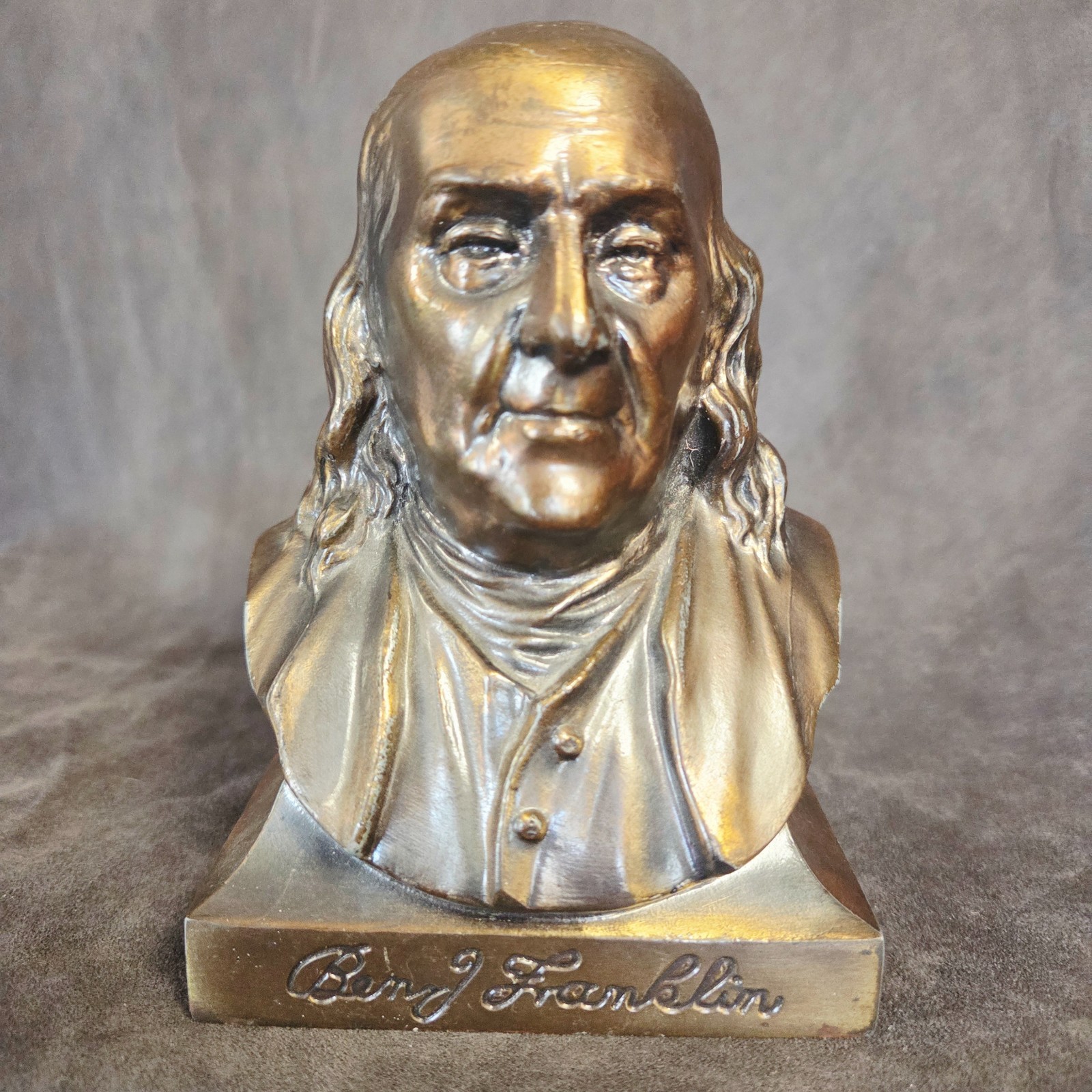 Vintage Banthrico Benjamin Franklin Bust Coin Bank 5" Bronze Chicago USA No Key