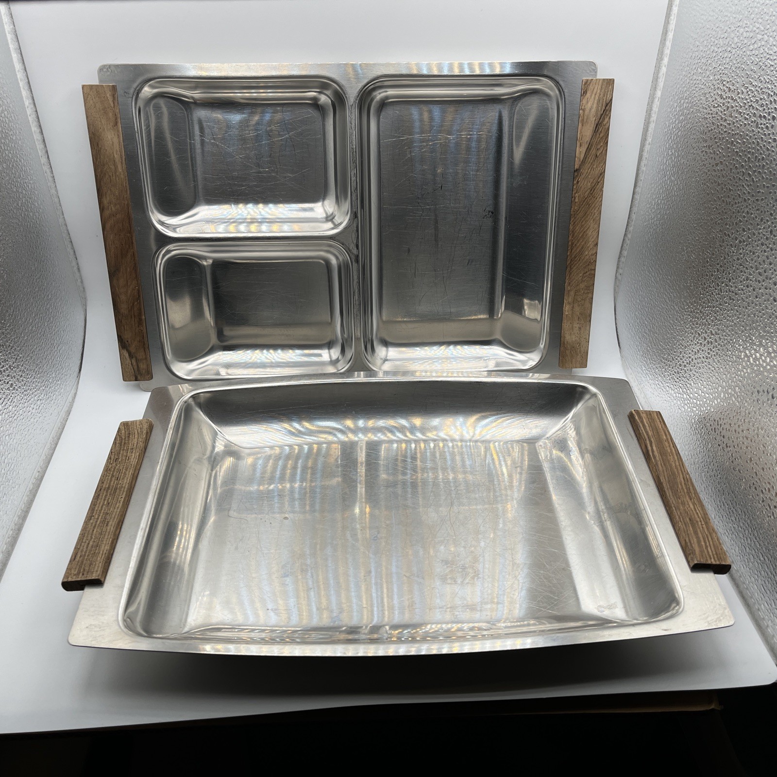 MCM Vtg Kalmar Stainless Steel & Teak Wood Serving Trays + Lid - 3 Piece Set