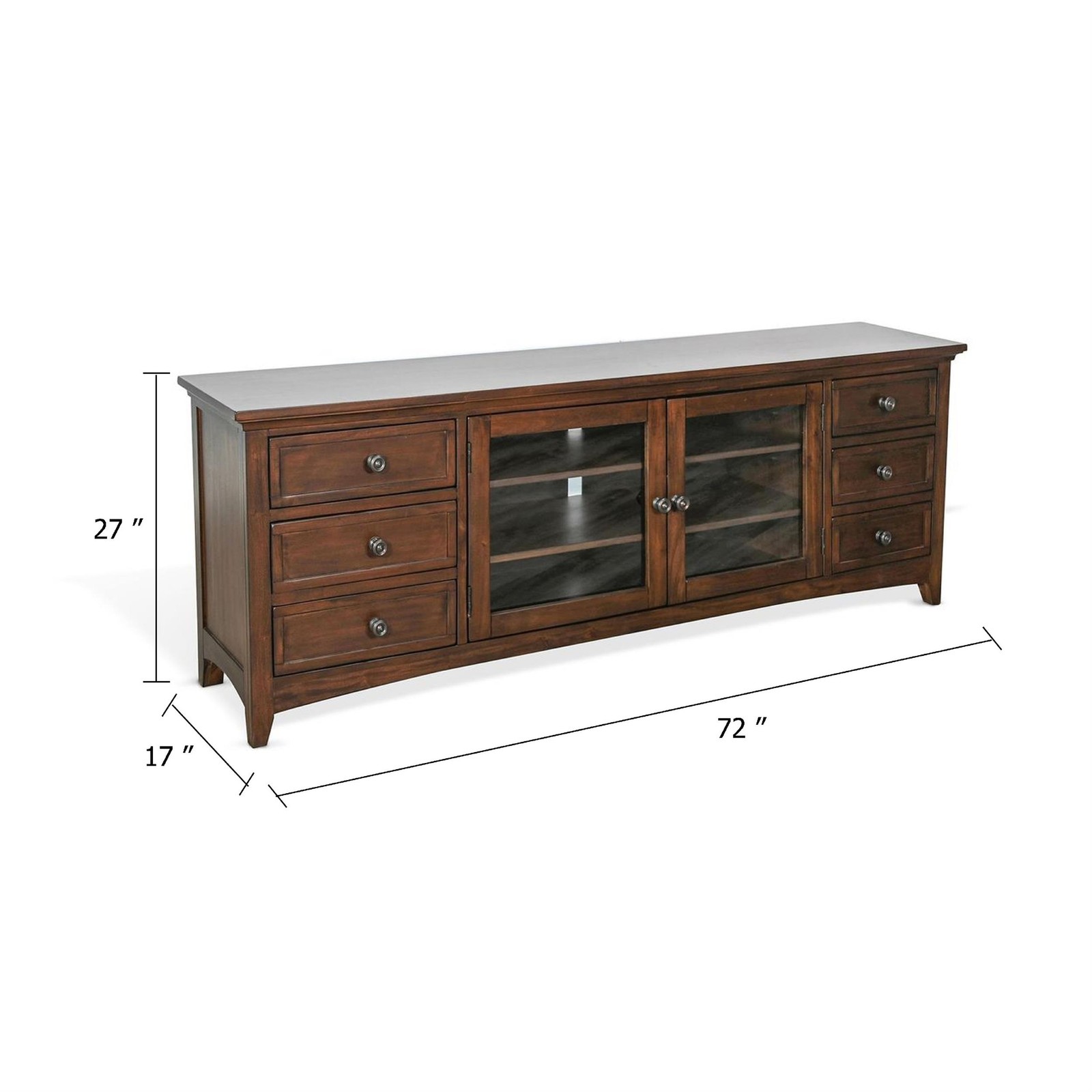 Benjara Xyla 72" TV Stand Media Cabinet- Glass Door- 6 Drawers- Brown
