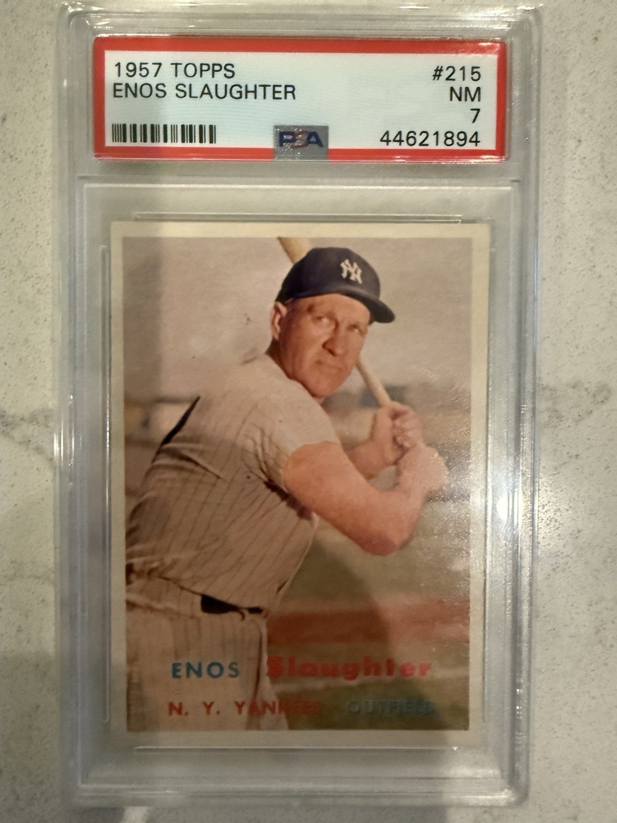 1957 Topps - Enos Slaughter #215 PSA 7, Excellent Centering Eye Appeal