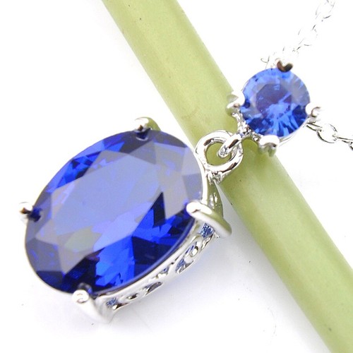 Oval Jewelry Gift Swiss Blue Fire Topaz Gems Silver Necklace Pendant With Chain - Picture 3 of 6