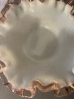 Vintage Small White Milk Glass Pink Ruffle Edge Dish Trinket Candy Cottage Core