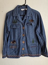 Breckenridge Denim Button Up Jacket Top Embroidered Trees Outdoors Size S