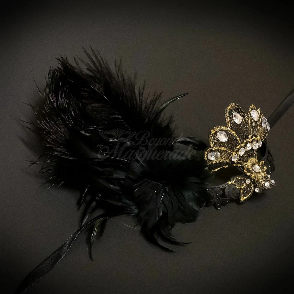Masquerade Mask | Masquerade Mask with Feathers (black gold) - Image 3 of 4