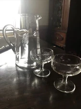 PRINCESS HOUSE VINTAGE ETCHED GLASS CRYSTAL PITCHER + 2 glasses set collectable