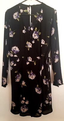Lush Elly Womens Floral Wrap Dress Size LARGE Black Blue Keyhole Back 