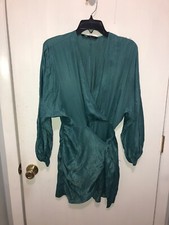 Zara Viscose Wrap Mini SZ Small Dress Balloon Sleeves Green V Neck Silky Feel