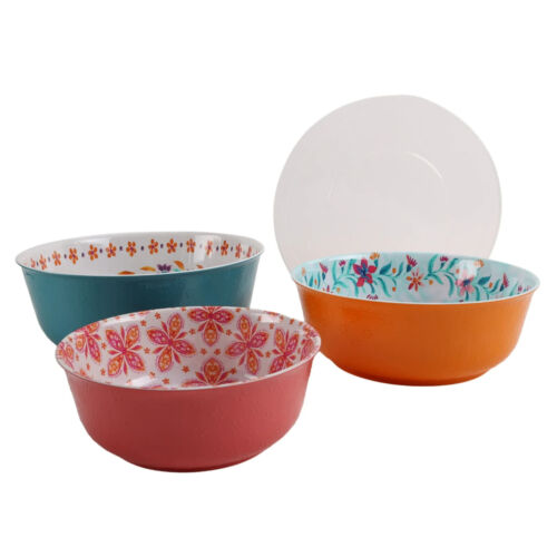 Pioneer Woman Fresh Floral Bowl with Lids Melamine 6pc Set Orange Green Red New