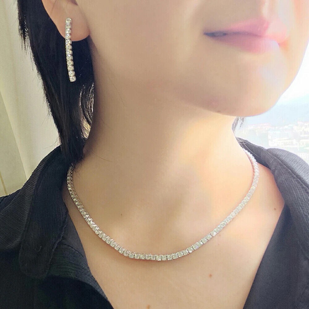 Huge Round Diamond Tennis Necklace 14K White Gold 16