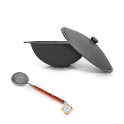 Plov Set Gusseisen Kazan 4,5L Uzbekisch Kasan Schöpflöffel WOK Kochtopf Namangan